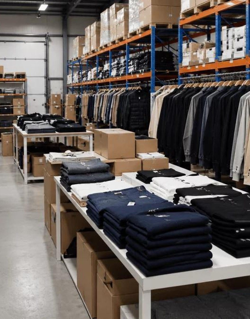 Finished garments folded, counted and staged on the rails inside the Royapuram building